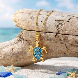 18K Gold Plated Sea Turtle Necklace Blue Mosaic Pendant Stainless Steel Non-Tarn